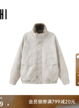 USHI悠时 时尚拼接潮酷立领PU仿皮皮衣休闲夹克男装冬季加绒外套