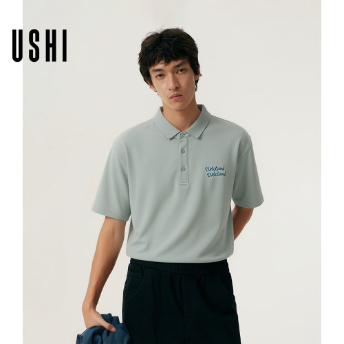 USHI悠时 都市时尚老钱风简约纯色干练字母刺绣POLO衫2026夏男装