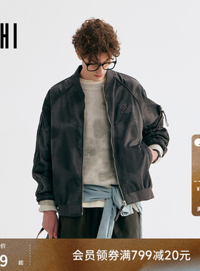 USHI悠时简约立领通勤休闲罗纹拼接廓版刺绣LOGO潮酷印染夹克男装