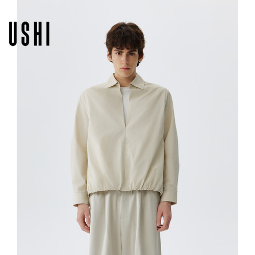USHI悠时 假两件衬衫纯棉老钱风翻领长袖衬衫男休闲通勤内搭秋冬