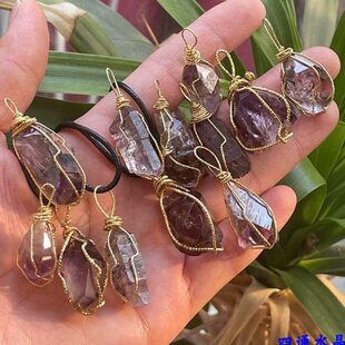 紫超七草莓晶黑云母水胆路水晶 权杖骨干水晶手工绕线原石吊坠