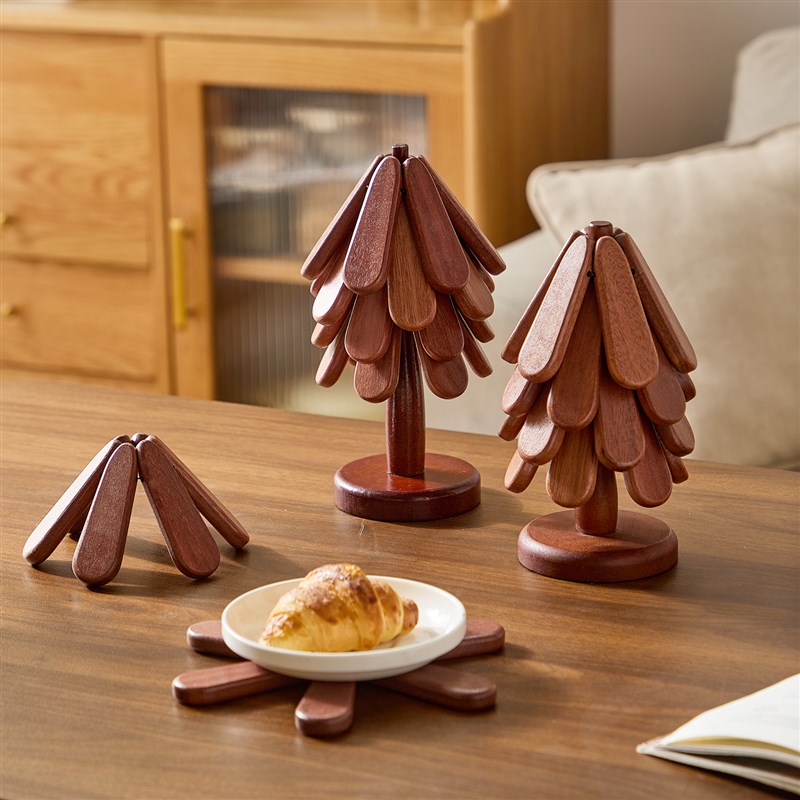 高端圣诞树隔热垫桌装s饰创意树实木防烫锅垫折叠杯垫碗垫