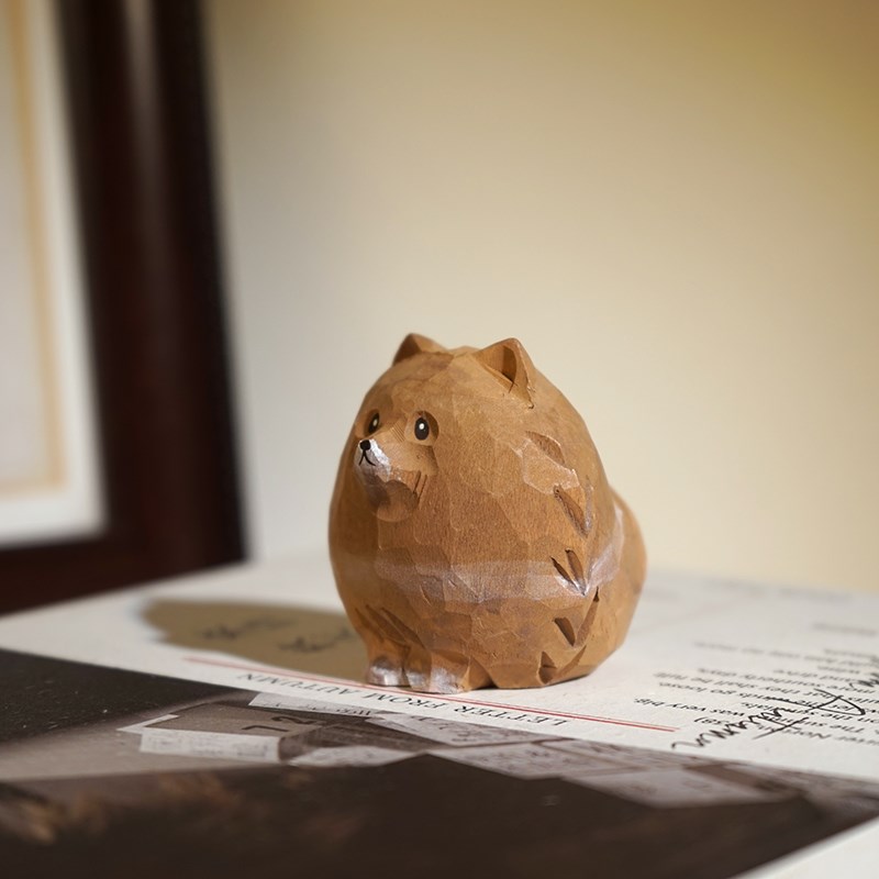 圆滚滚的博美犬手工木雕x小摆件卡通可爱动物狗桌面装饰品礼