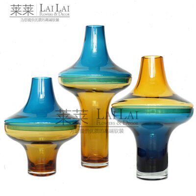 上深蓝色下琥珀色玻璃花瓶/家居饰品/手工吹制花器摆件样板房玄关