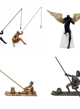 禅意现代a新中式金属钓鱼者人物抽象雕塑摆件样板间渔夫船渡装饰