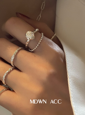 时尚S925银肌理戒指女复古时尚链条几何不规则开U口指环嘻哈食指