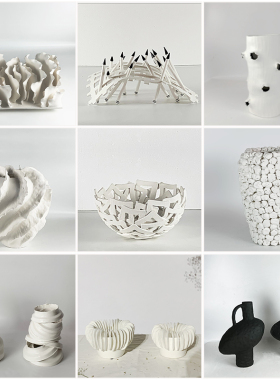 现代简约手工创意白色陶瓷镂空几何花器摆件Q桌面客厅酒店样板间