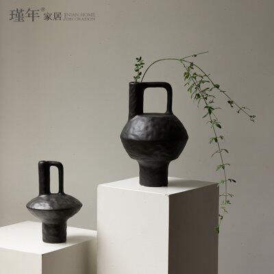 新中式现代简约黑色提壶陶瓷花瓶摆件样板间客厅玄关桌面干插花器
