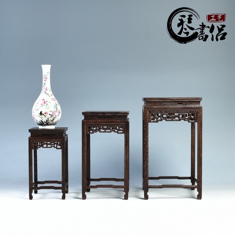 琴书侣 红木底座实木正方形 鸡翅木雕花盆景底座架子家居摆件花架