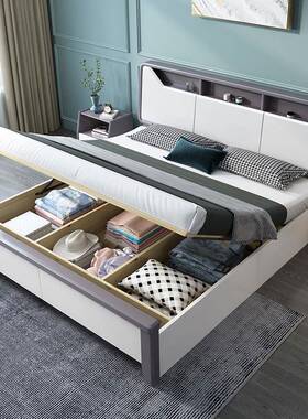 白色实木床.米双人床现代简约81OXR.m主1卧家用经济型5储物高箱婚