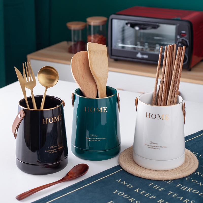 潮北牧轻创意筷子筒欧皮革带筷风格纳刀叉勺子收家用厨房陶瓷沥水