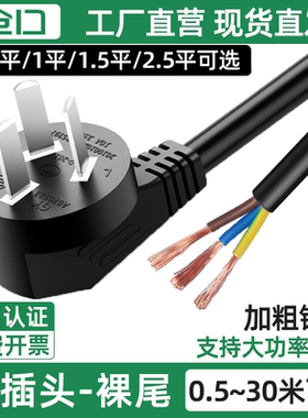 仓口10A三插裸尾三3芯电源线插头带线国标大功率0.75/1.5/2.5平方