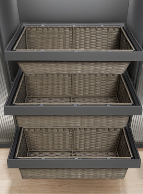 衣柜拉篮抽屉式阻尼衣帽间内置家用抽拉式伸缩裤架编织收纳藤篮