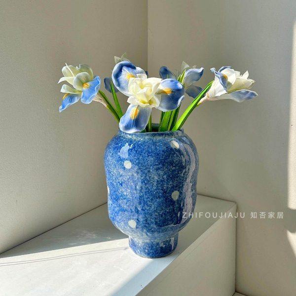 新中式蓝色点纹陶瓷花瓶高级感客厅摆件鲜花插花侘寂风名宿粗陶瓶,家居饰品,花瓶,淘宝优惠券,粉丝福利购,淘宝优惠卷