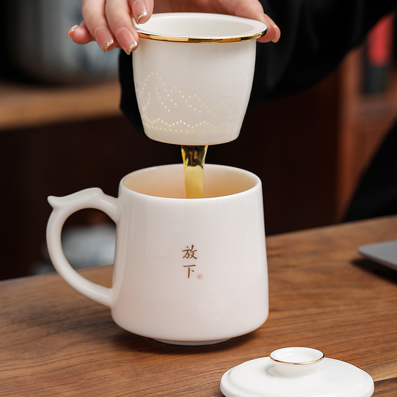 陶瓷禅意泡茶杯茶水分离办公室水杯带G盖大容量羊脂玉白瓷杯子定