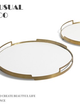 现代简约a欧式轻奢金色圆形皮质托盘样板房书房客厅餐厅软装饰品