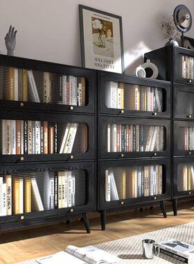 居立全实木书柜橡木复JHB古黑色中古柜美法式书架客厅家防尘储物