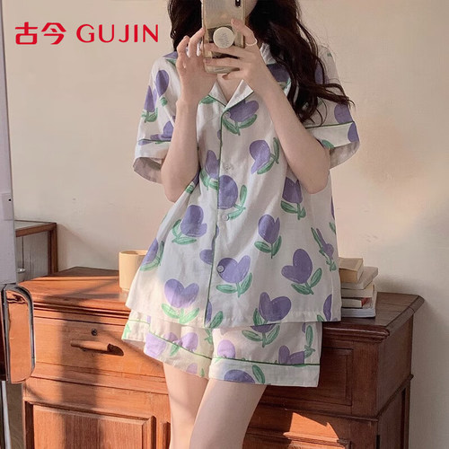 古今夏季上新100%纯棉睡衣女棉纱家居服可外穿睡裤清新大码套装