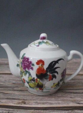 清光绪粉彩鸡公全家福图茶壶景德镇仿古陶瓷家居装饰摆件家用茶具