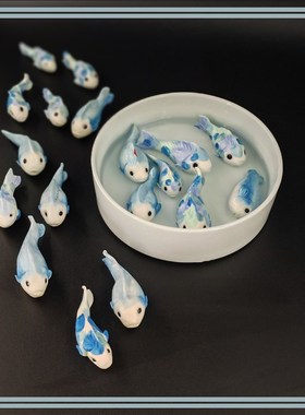 原创纯手工捏制陶瓷锦鲤v招财流水器鱼缸微景观装饰桌面摆件