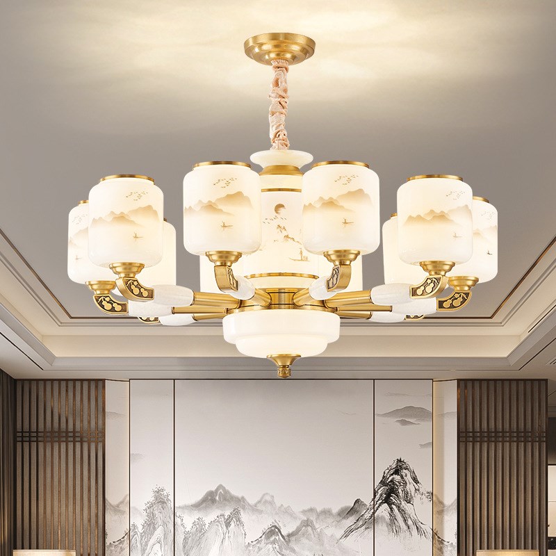 2025年新款新中式客厅吊v灯高端玉石中国风卧室餐厅别墅复式楼灯