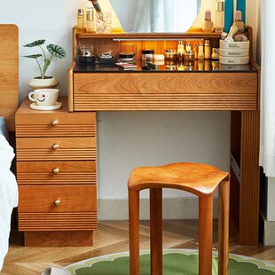 一刻木器实木梳妆台北欧简约奶油风卧室化妆桌伸缩小户型迷你妆台