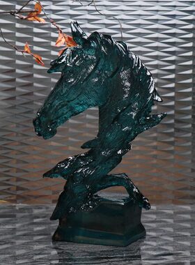 新中式后现代蓝色马头树脂摆件酒店别墅展厅玄关桌面软装饰品摆设