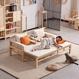 新中式实木罗汉床茶桌椅组合小户型客厅沙发推拉床伸缩俩用贵妃榻