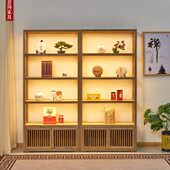 榆木木茶室茶叶架组合中式 实木多宝展示柜定制货架博古架带灯书架