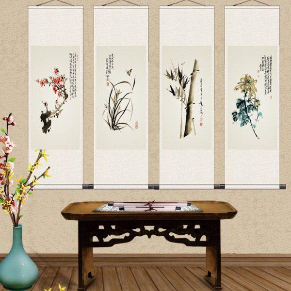 水墨梅兰竹菊四条屏国画花鸟中式挂画客厅沙发背景墙装饰画四联