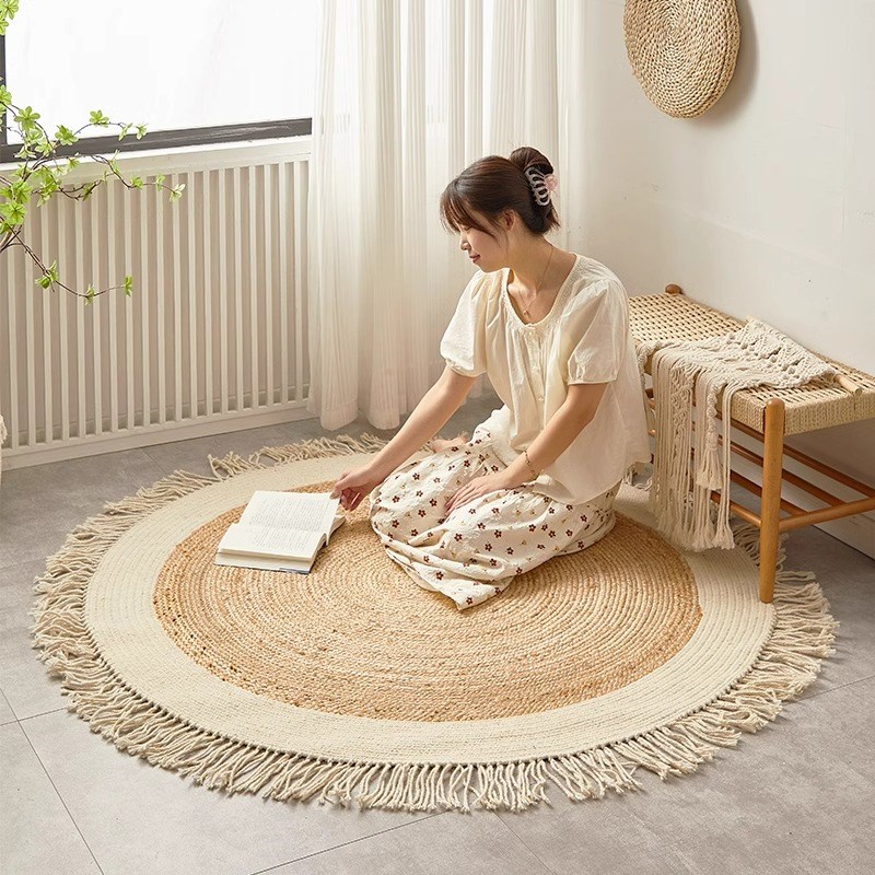 黄麻圆形流苏地毯客厅茶r几地垫日式卧室满铺手工编织无胶床边毯