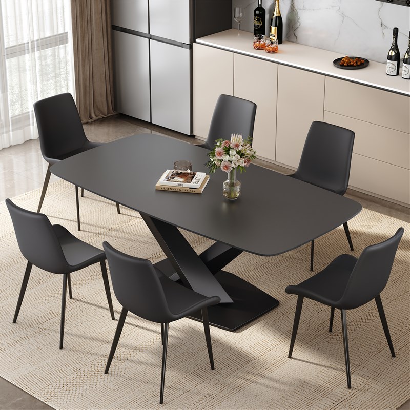 梵普森黑色岩f板餐桌椅组合现代简约小户型餐厅家用饭桌长方形餐