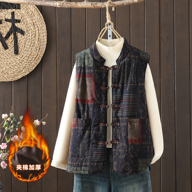 实拍中式棉麻印花盘扣棉服马夹背心文艺复古加厚保暖马甲秋冬外搭