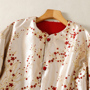 冬季新款丝麻提花宽松保暖棉衣外套 中式米粉拼色复古盘扣棉袄