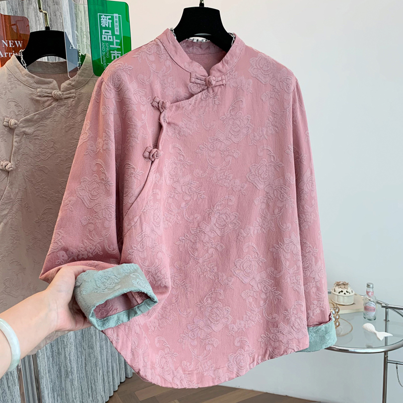 实拍复古设计新中式2025春款新品国风小衫盘扣茶服提花立领上衣潮