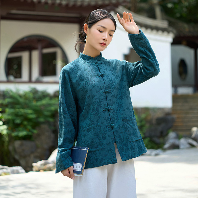 实拍中式上衣双层禅意茶服中国风提花棉麻短外套唐装女装