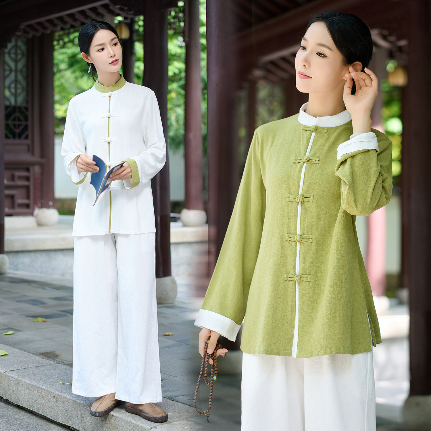 实拍太极服棉麻套装长袖瑜伽服八段锦两件套打坐禅修服民族风女装