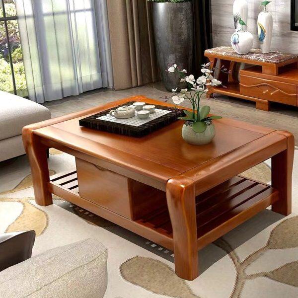 中式实木茶几客厅1.2/1.35/1.5米橡木长方形茶桌小户型带抽屉方几