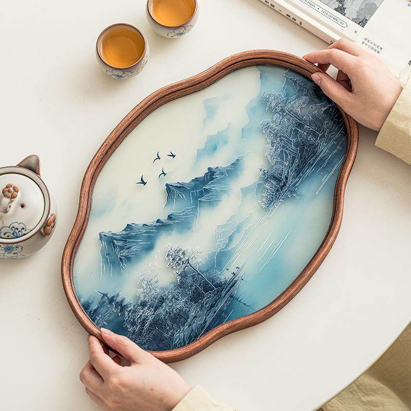 寒江雪中国式潮玻璃茶盘托竹盘制高档古茶具复24JS05-9配件茶杯收