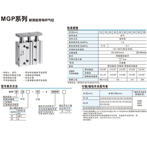薄型气缸MGPM三轴三杆带导杆气缸大推力12X16X20X25/32/40/50系列