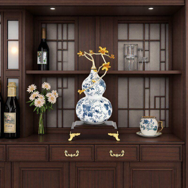 青花瓷葫芦摆件高档客厅玄关珐琅彩新中式工艺装饰∑