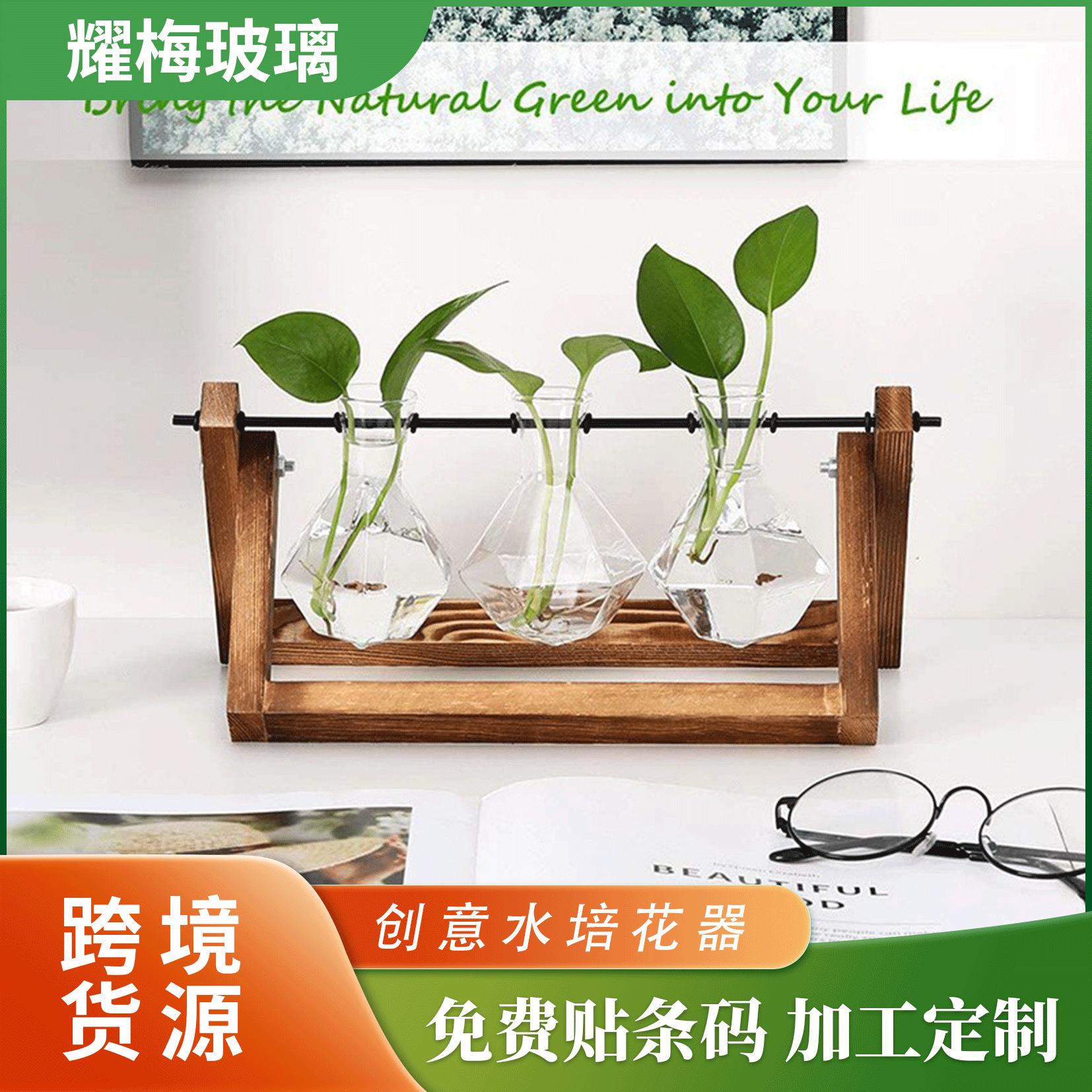 创意水培木质花架植物玻璃容器水养绿萝插花瓶家庭桌面办公室装饰