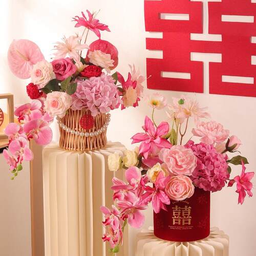 婚房布置装饰套装男女方主卧室酒店结婚新房仿真花摆件DIY抱抱桶