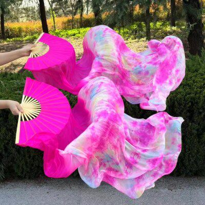 真丝肚皮舞长绸扇扎染舞蹈扇舞蹈扇彩色渲染舞蹈道具扇加长款扎染