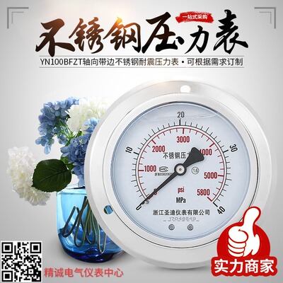 YN100ZTBF不锈钢耐震压力表轴向带边100mm水油液气压 M20*1.5圣迪