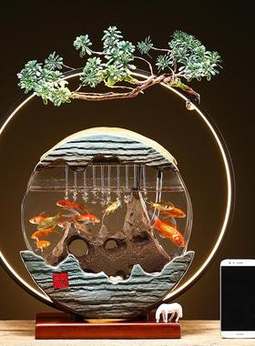创意中式流水喷泉禅意灯圈摆件办公室玄关桌面小型鱼缸招财景观