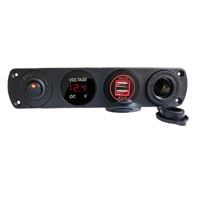 新款汽摩改装.一字4孔板面板组合开关双USB4.2A+电源插座+电压表