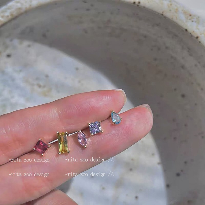 5色锆石太好看了!养耳必入几何彩色锆石简约百O搭925银耳钉耳骨钉