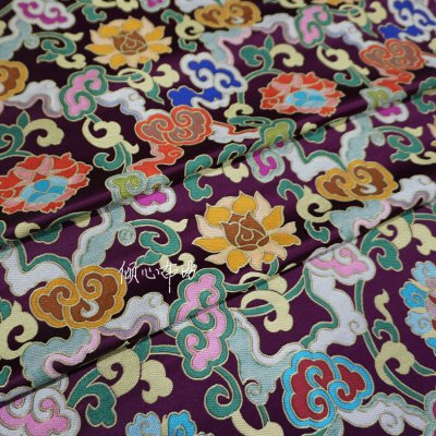 深紫色祥云如意卷草纹宝相花莲花中国风织锦缎布料丝绸缎子面料