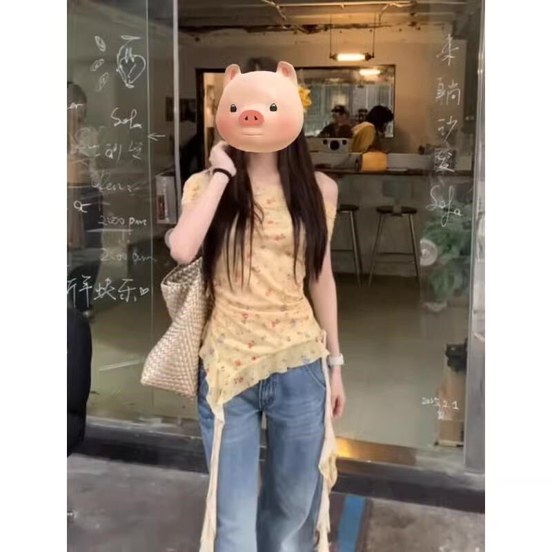 法式一字肩木耳边黄色碎花短袖T恤女夏季修身不规则露肩飘带上衣